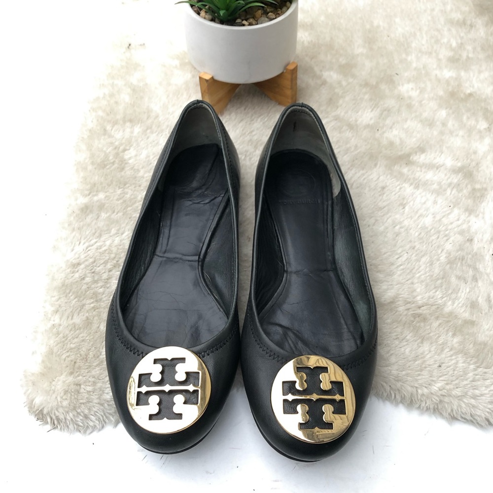 Tory Burch | Reva Black Leather Ballet Flats with Gold Logo Medallion Size 9
